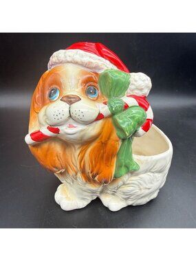 Vtg Inarco Japan Christmas Cocker Spaniel Ceramic Planter Santa Hat Candy Cane